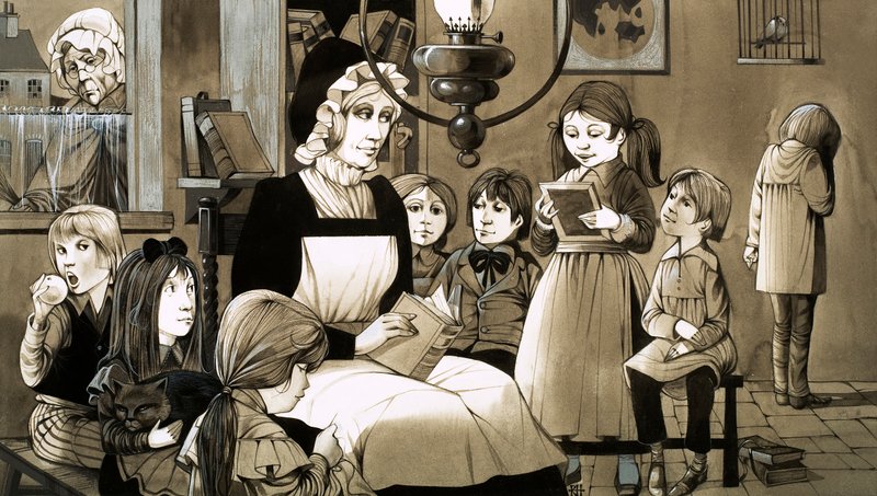 En "Dame-skola" från 1830-talet (gouache på papper) av Richard Hook