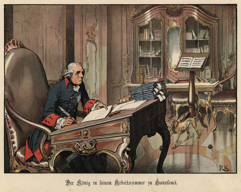 Preussens kung Fredrik den store i sitt arbetsrum i Sanssouci av Richard Knoetel