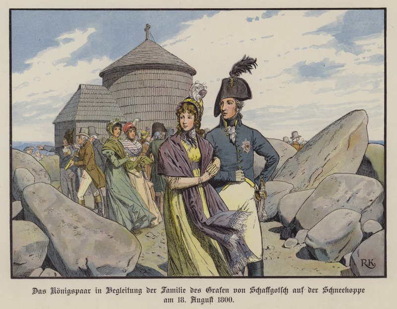 Kung Fredrik Vilhelm III och drottning Louise av Preussen i sällskap med greve von Schaffgotschs familj på Schneekoppe, augusti 1800 (färg litho) av Richard Knotel