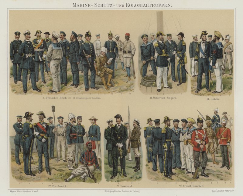Marinsoldater och koloniala trupper från europeiska arméer (färg litho) av Richard Knotel