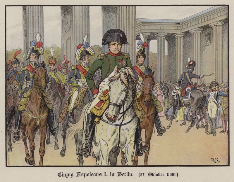 Napoleon kommer in i Berlin, 27 oktober 1806 (färg litho) av Richard Knotel