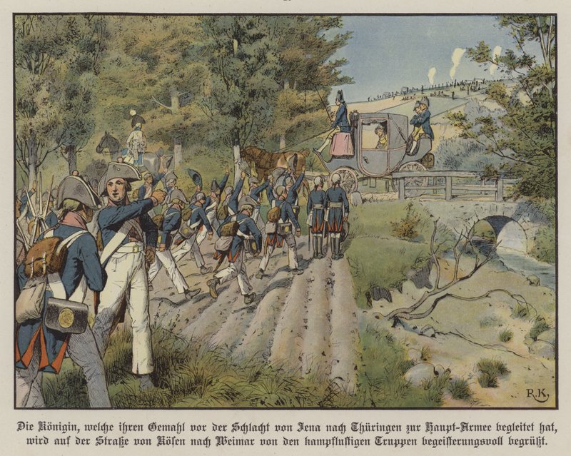 Preussiska soldater hälsar drottning Louise av Preussen när hon passerar dem på vägen från Kosen till Weimar (färg litho) av Richard Knotel