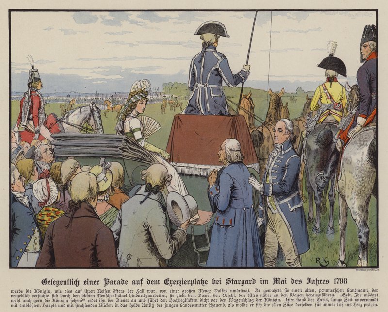 Drottning Louise av Preussen vid en parad på paradplatsen i Stargard, maj 1798 (färg litho) av Richard Knotel