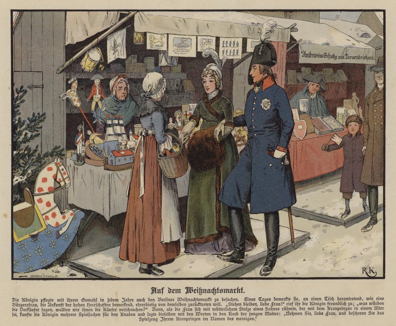 Drottning Louise av Preussen på julmarknaden i Berlin (färg litho) av Richard Knotel