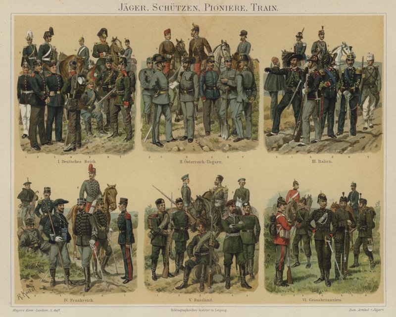 Gevärsmän, pionjärer och försörjningstrupper från europeiska arméer (färg litho) av Richard Knotel