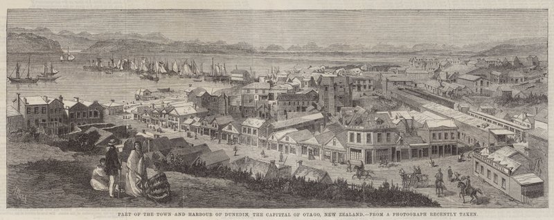 Del av staden och hamnen i Dunedin, huvudstaden i Otago, Nya Zeeland. av Richard Principal Leitch
