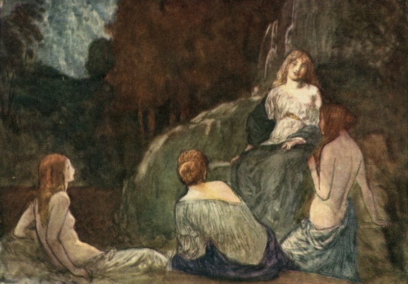 Där den oförskämda yxan, med hävt slag, Aldrig hördes nymferna skrämma av Robert Anning Bell