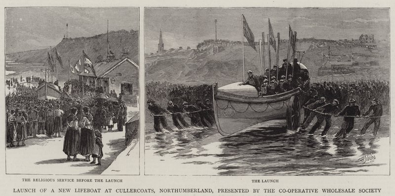 Lansering av en ny livbåt i Cullercoats, Northumberland, presenterad av Co-Operative Wholesale Society av Robert Jobling