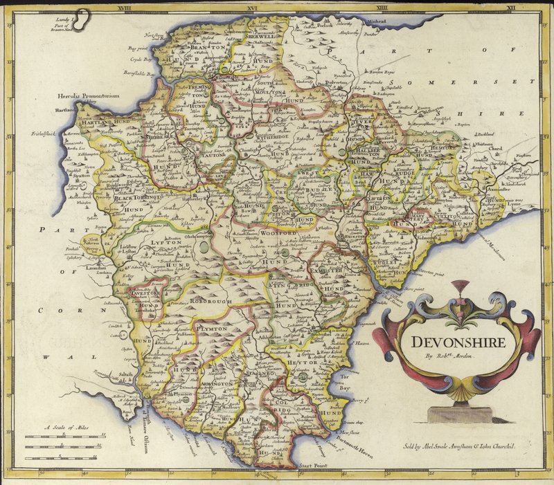 Karta över Devonshire (färggravyr) av Robert Morden