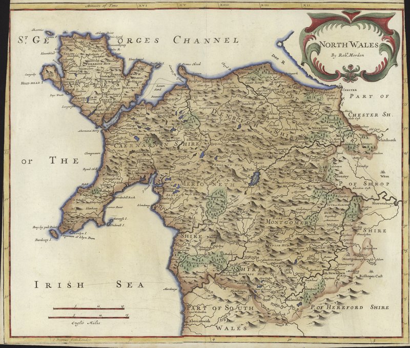 Karta över norra Wales (färggravyr) av Robert Morden