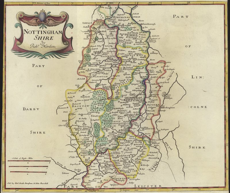 Karta över Nottinghamshire (färggravyr) av Robert Morden