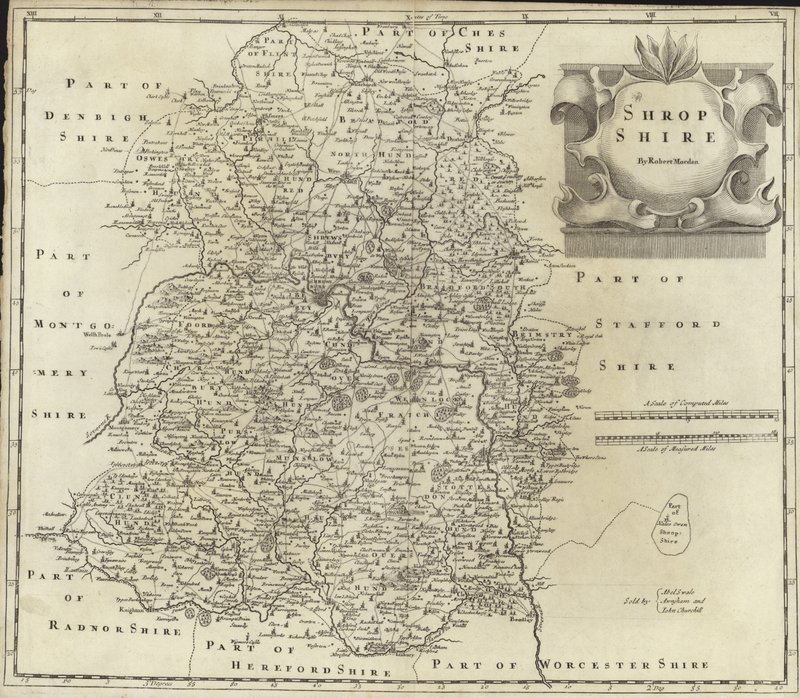 Karta över Shropshire (färggravyr) av Robert Morden