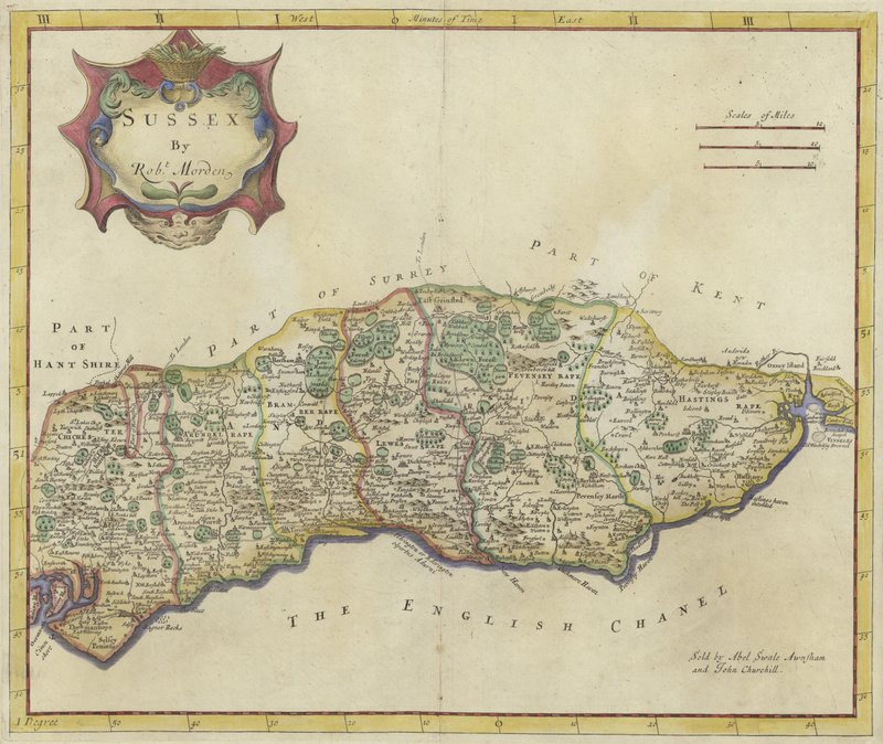 Karta över Sussex (färggravyr) av Robert Morden