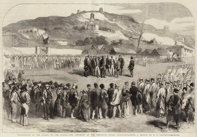 De allierades evakuering av Krim, ceremonin vid krigsvarvet i Balaclava av Robert Thomas Landells