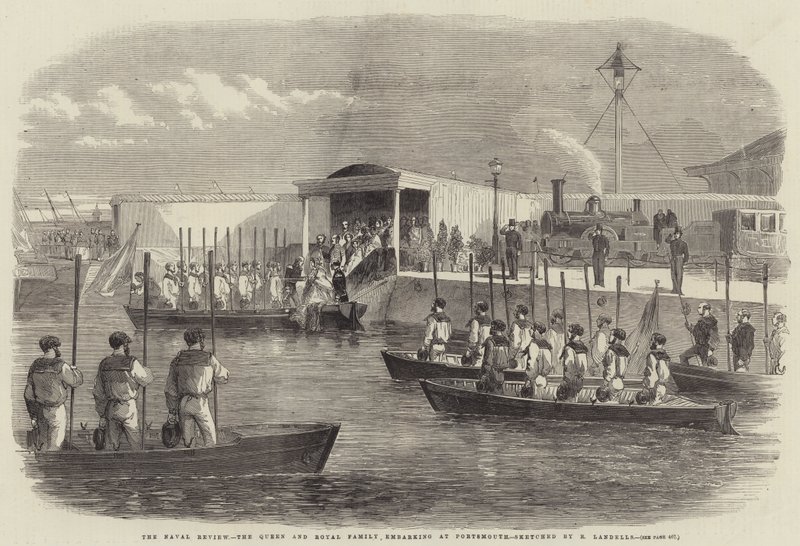 Naval Review, drottningen och kungafamiljen går ombord i Portsmouth av Robert Thomas Landells