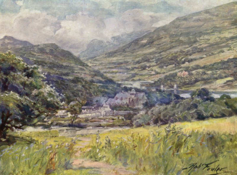 Bodnant Hall, Conway Valley (färg litho) av Robert (after) Fowler