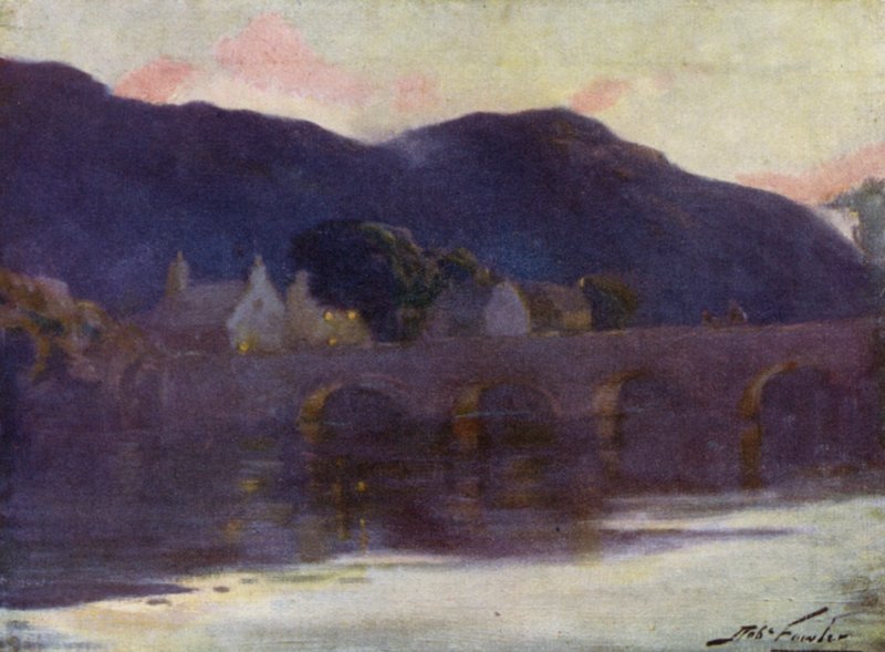 Bridge, Cwm-y-Glo, Kväll (färg litho) av Robert (after) Fowler