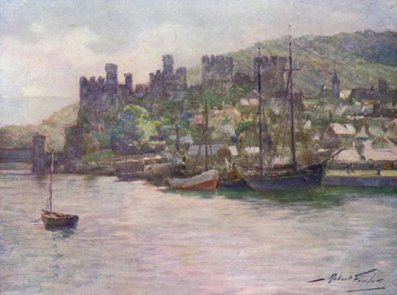 Conway Castle and Quay, Noon (färg litho) av Robert (after) Fowler