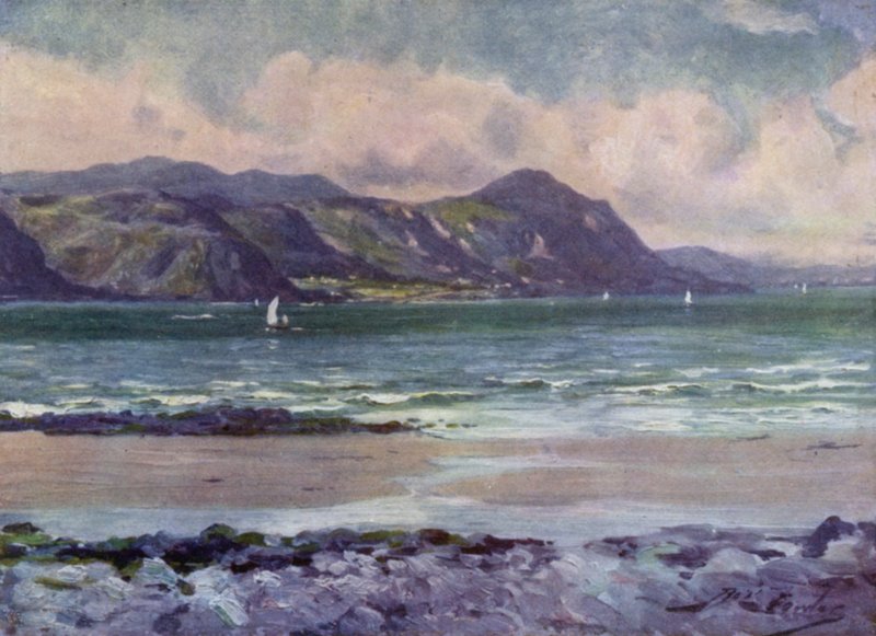 Avlägsen utsikt över Penmaenmawr, tidig morgonljus (färg litho) av Robert (after) Fowler