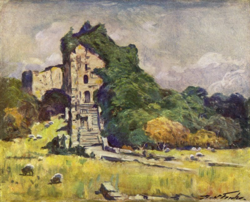 Old Castle Keep, Cardiff (farve litho) swed av Robert (after) Fowler