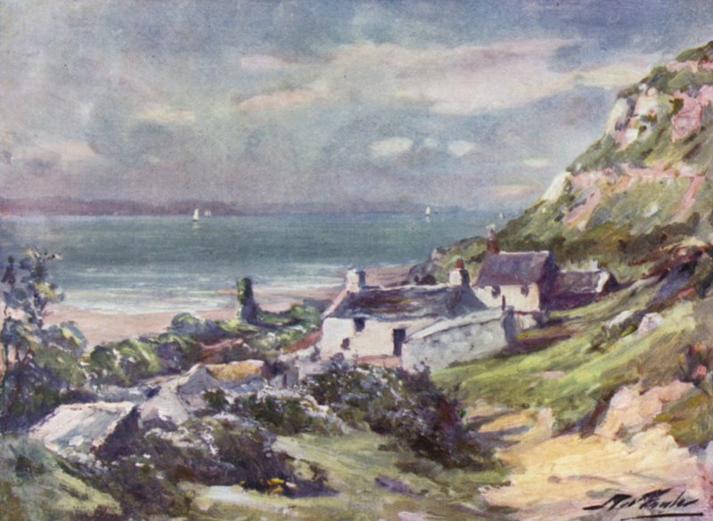 Gammal stuga och ruiner av klostret, Great Ormes huvud (färg litho) av Robert (after) Fowler