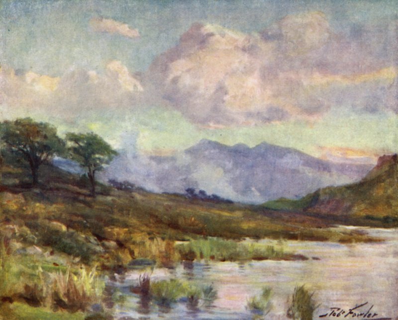 Snowdon från sjön Capel Curig, sommarkväll (färglitografi) av Robert (after) Fowler