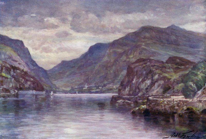 Snowdon från Llanberis Lake (färg litho) av Robert (after) Fowler