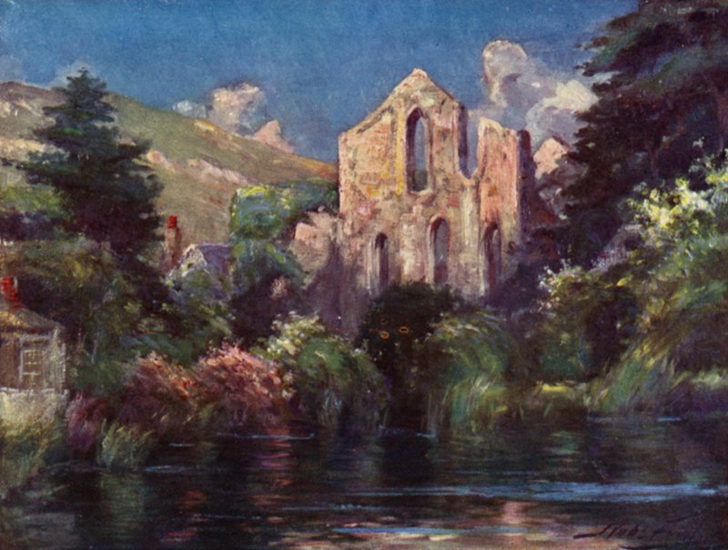 Valle Crucis Abbey (färg litho) av Robert (after) Fowler