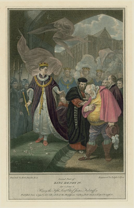 Shakespeares kung Henrik IV, del 2, akt V, scen 5 - Falstaff (färgad gravyr) av Robert (after) Smirke