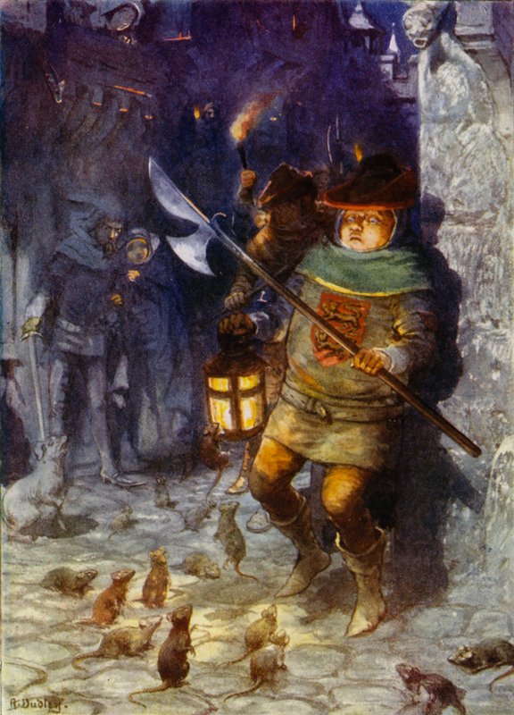 Illustration för Robert Brownings Pied Piper of Hamelin (litho i färg) av Robert Ambrose Dudley