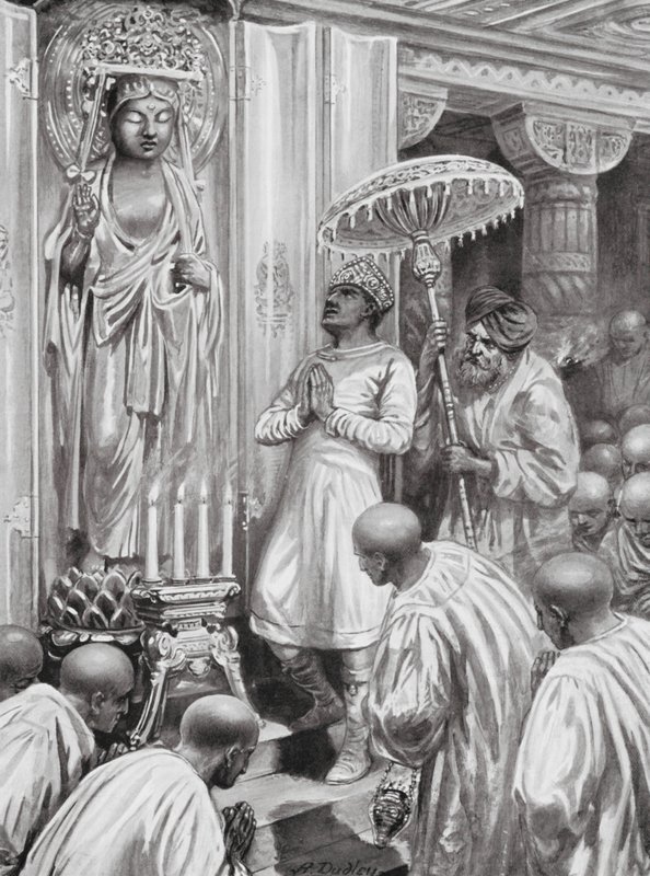Kanishka inviger mahayana-buddhismen (nordlig buddhism), 100 e.Kr (litografi) av Robert Ambrose Dudley