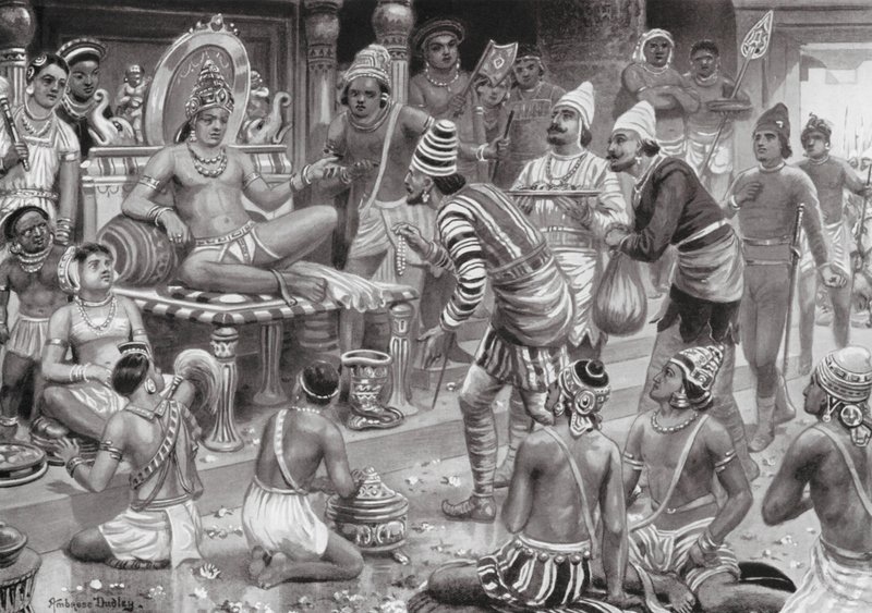Pulikesin II, Chalukhya, tar emot sändebud från Persien (litografi) av Robert Ambrose Dudley