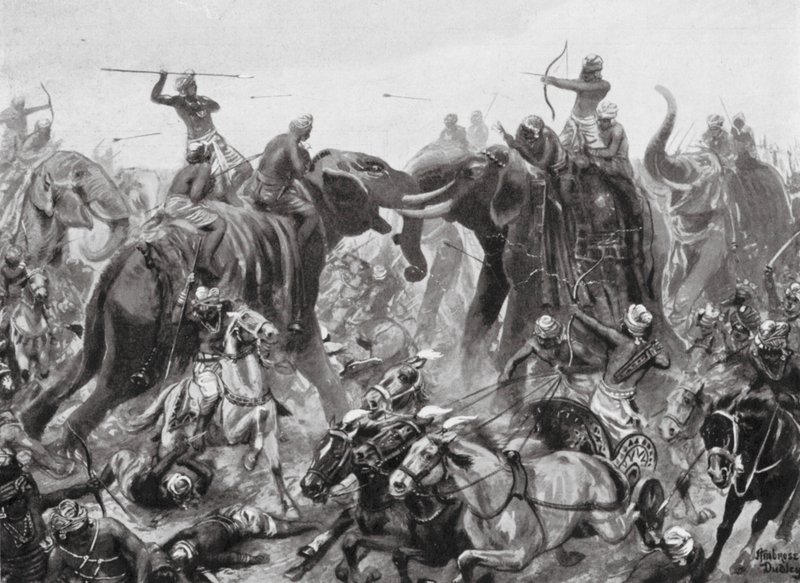 Pulikesin II Chalukhyas nederlag mot Mahamalla Pallava i Badami, 642 e.Kr. (litografi) av Robert Ambrose Dudley