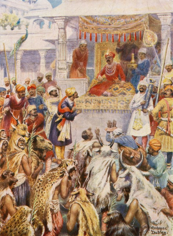 Khanen Jahan visar Akbar sina furstliga fångar (färglitografi) av Robert Ambrose Dudley