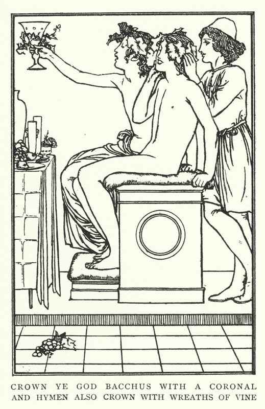 Kröna Gud Bacchus med en koronal, och mödomshinnan kröner också med kransar av vinrankor (litho) av Robert Anning Bell