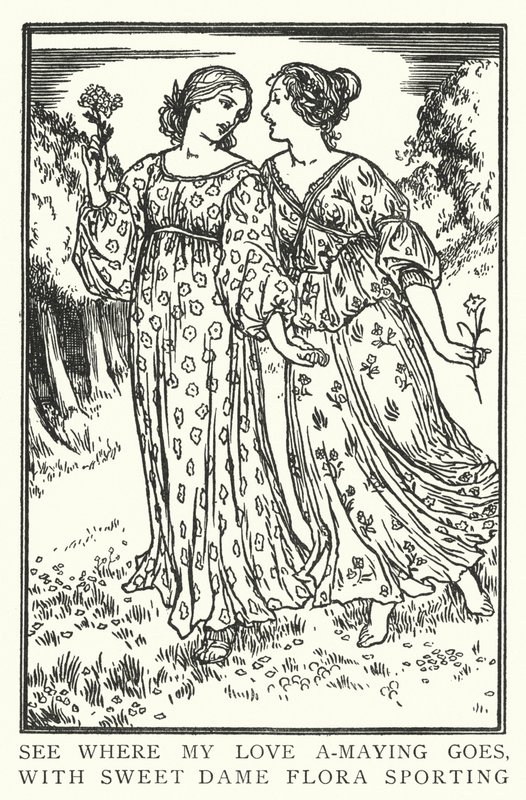 Se vart min kärlek a-maying går, med söta dam Flora sporting (litho) av Robert Anning Bell