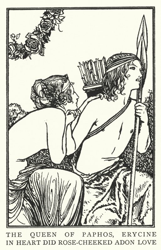Drottningen av Paphos, Erycine, i hjärtat älskade rosekindad Adon (litho) av Robert Anning Bell