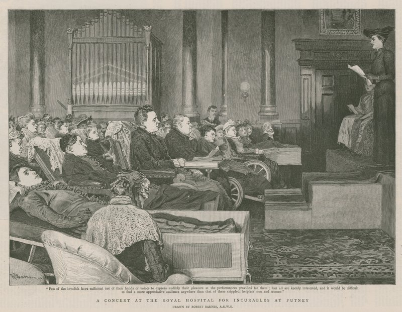 En konsert på Royal Hospital for Incurables i Putney (gravyr) av Robert Barnes