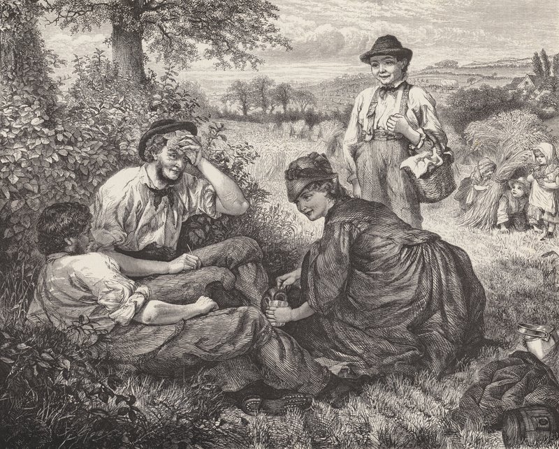Lantarbetare vilar under skörden (gravyr) av Robert Barnes
