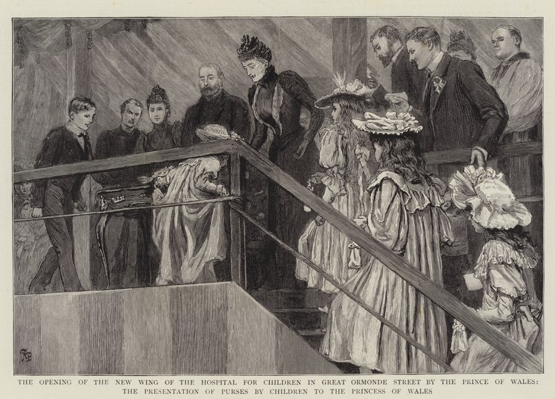 Öppnandet av den nya flygeln av sjukhuset för barn i Great Ormond Street av prinsen av Wales, presentation av plånböcker av barn till prinsessan av Wales av Robert Barnes