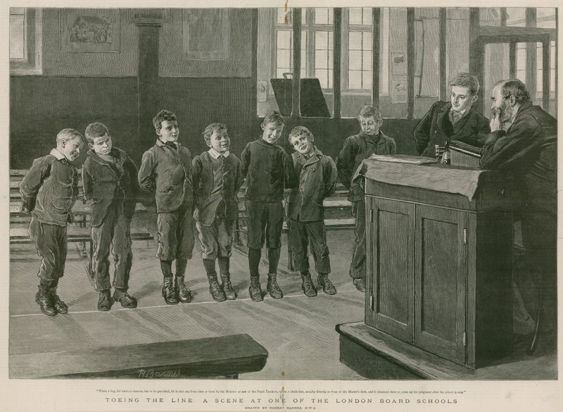 Toeing the line: En scen från en av London Board Schools (gravyr) av Robert Barnes