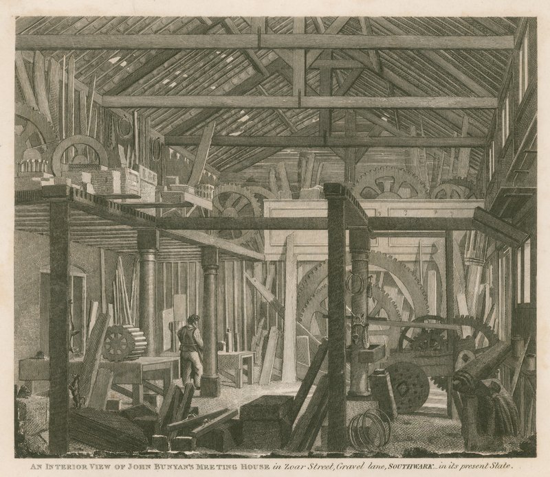 En interiörvy av John Bunyans möteshus i Zoar Street, Gravel Lane, Southwark, i dess nuvarande tillstånd av Robert Blemell Schnebbelie
