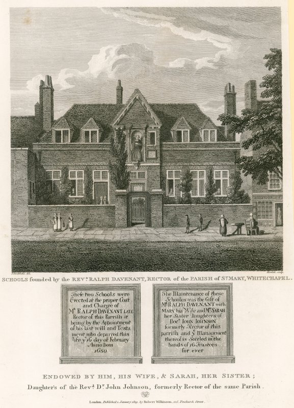 Skolor grundade av pastor Ralph Davenant, rektor för Parish of St Mary, Whitechapel av Robert Blemell Schnebbelie