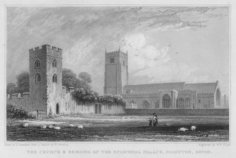 Kyrkan och resterna av Episcopal Palace, Paignton, Devon (gravyr) av Robert Brandard