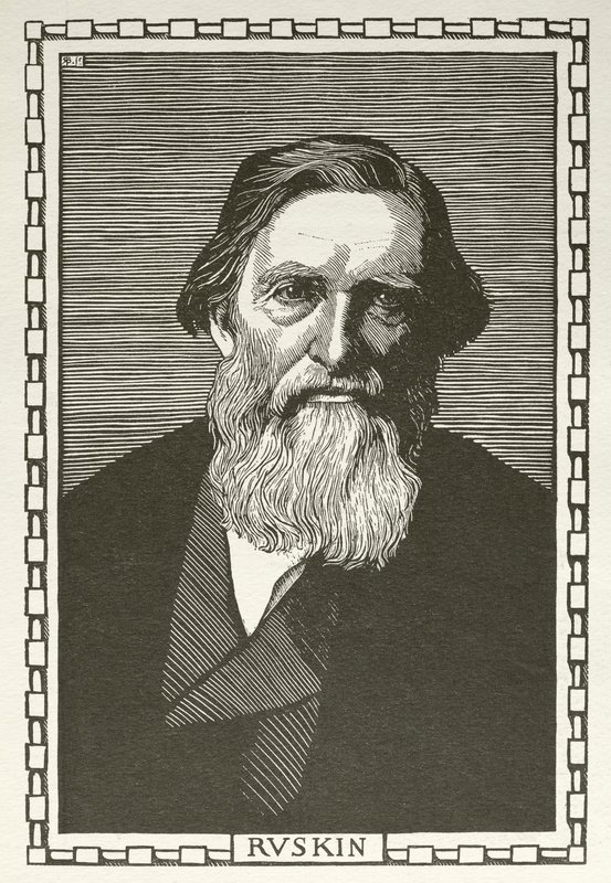 John Ruskin, engelsk författare, konstkritiker, konstnär och samhällstänkare (träsnitt) av Robert Bryden