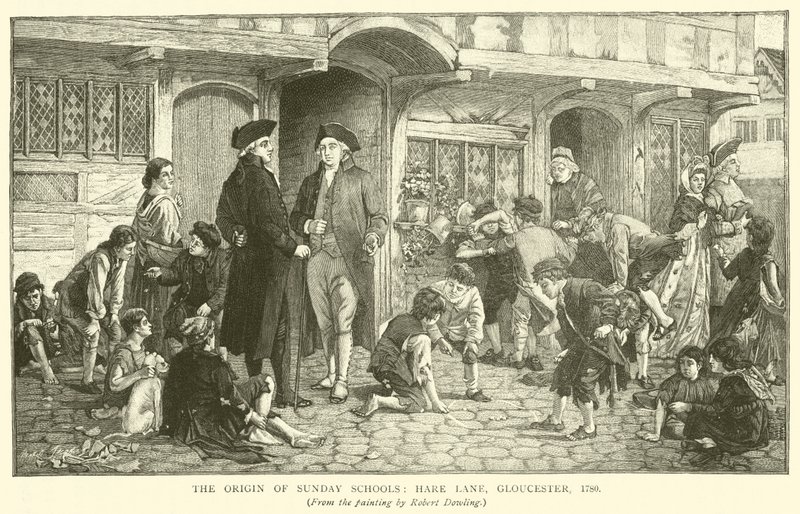 Ursprunget till söndagsskolorna, Hare Lane, Gloucester, 1780 av Robert Dowling