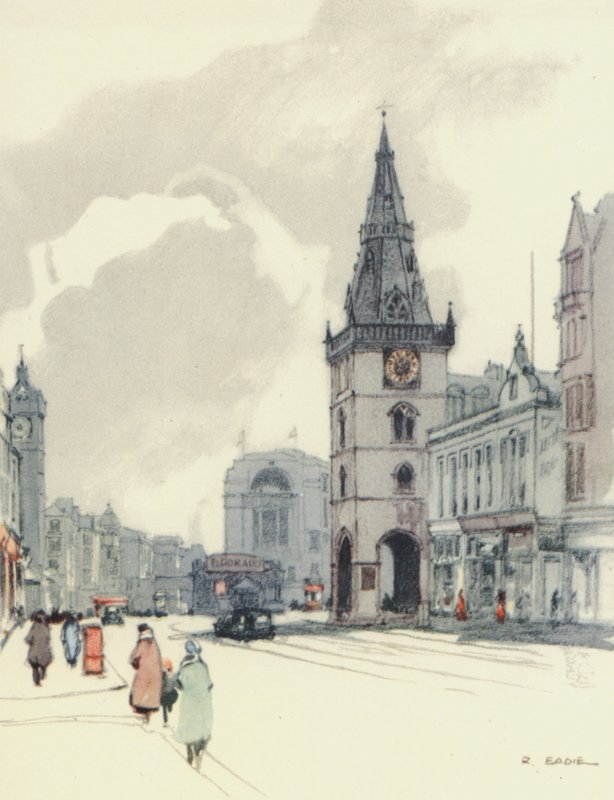 Glasgow: The Tolbooth and the Tron Steeple (färglitografi) av Robert Eadie