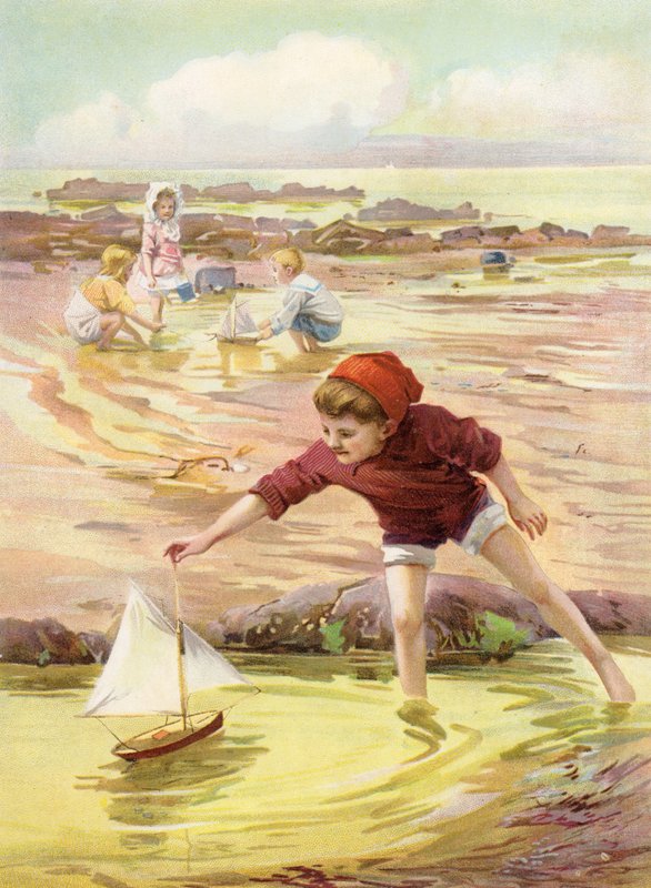 Hans nya båt - pojke som leker med leksaksbåt på stranden (färg litho) av Robert Lillie