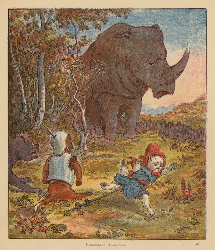 The Kitten Pilgrims: Rhinoceros Sulkyface (färg litho) av Robert Michael Ballantyne