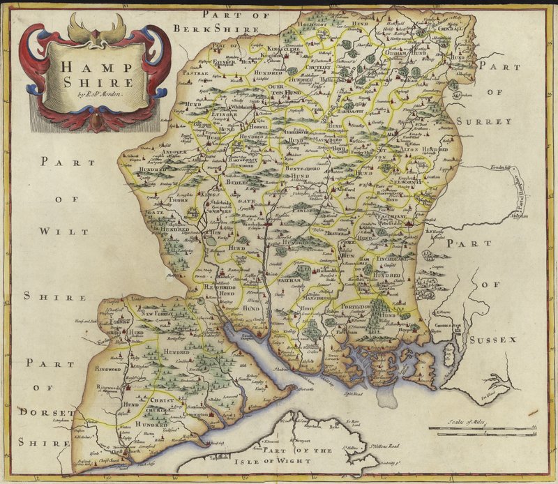 Karta över Hampshire (färggravyr) av Robert Morden